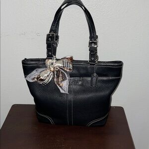 Coach Black Pebbled Leather Tote with Bow Accent